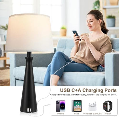 Modern Touch Lamps for Nightstand, 3 Way Dimmable Bedroom Lamp Set of 2 | USB C+A Charging Ports, Black Bedside Lamps for Bedroom, Living Room, End Table, Bed Side, LED Bulb Included - color: A. Black Base-White Shade