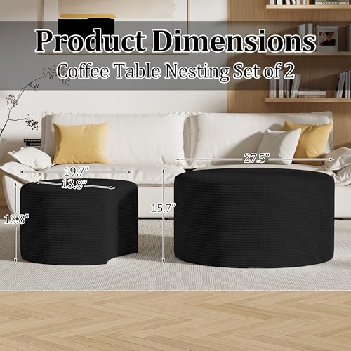 Round Nesting Coffee Table Set of 2,Upholstered Foam Ottoman Footrest Side Table Set,Modern Flannel Circle Coffee Table No Assembly for Living Room Entryway Bedroom,Black - color: Black