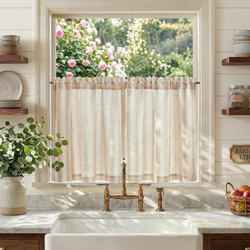 jinchan Taupe Striped Linen Kitchen Curtains 24 Inch Cafe Tier Curtains Balanced Stripe Farmhouse Small Drapes for Bathroom Laundry Over Sink Half Window Light Filtering 2 Panels Tan on Linen - color: Striped Tan on Linen, size: 26"W x 24"L (Pack of 2)