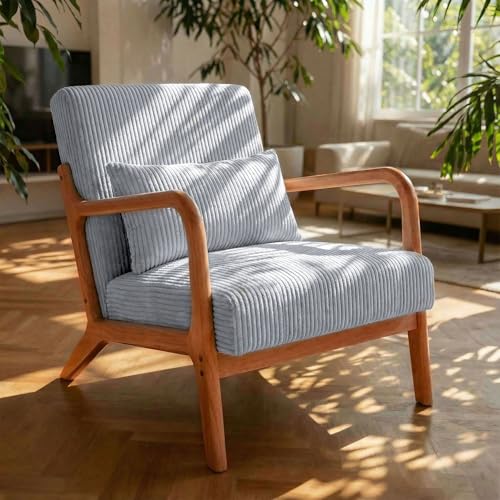 Mid Century Modern Accent Chair with Solid Rubberwood Frame, Comfy Corduroy Reading Armchair with Lumbar Pillow, Compact Lounge Chair for Bedroom, Nursery & Small Spaces, Light Grey - color: Dove Grey (Corduroy + Rubberwood), size: 1-Piece
