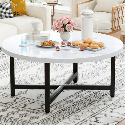 Round Coffee Table, 31.5" White Coffee Table, Coffee Tables for Living Room | Circle Wooden Coffee Table, Large Modern Center Table with Metal Frame for Office Apartment Home Small Space - color: 31.5"d Round White