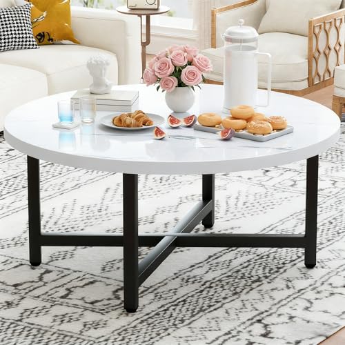 Round Coffee Table, 31.5" White Coffee Table, Coffee Tables for Living Room | Circle Wooden Coffee Table, Large Modern Center Table with Metal Frame for Office Apartment Home Small Space - color: 31.5"d Round White