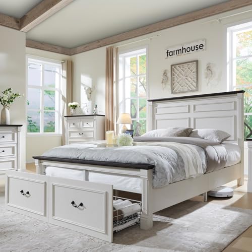 Aitjunz Farmhouse Queen Size Bed Frame with 51" Tall Headboard, Wood Platform Bed Frame with 20" Tall Roman Column Decoration Footboard & 2 Large Storage Drawers, No Box Spring Needed (White) - color: White, size: Queen