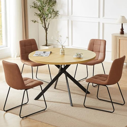 HIPIHOM 45.3 Inch Round Dining Table Set for 4, Mid Century Modern Small Kitchen Coffee Set for Dining Room Kitchen Apartment (Cream Table + 4 U-Shaped Brown Chairs) - color: Cream Table+4 U-shaped Brown Chairs