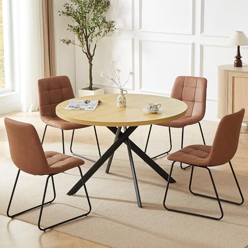 HIPIHOM 45.3 Inch Round Dining Table Set for 4, Mid Century Modern Small Kitchen Coffee Set for Dining Room Kitchen Apartment (Cream Table + 4 U-Shaped Brown Chairs) - color: Cream Table+4 U-shaped Brown Chairs