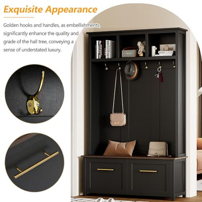 JIVOIT 4-in-1 Entryway Hall Tree with Brown Wood Grain Storage Bench, Wood Entryway Coat Hanger Hall Tree with 6 Golden Hooks, 2 Drawers, Coat Rack for Living Room, Hallway (Black/31) - color: Black/31