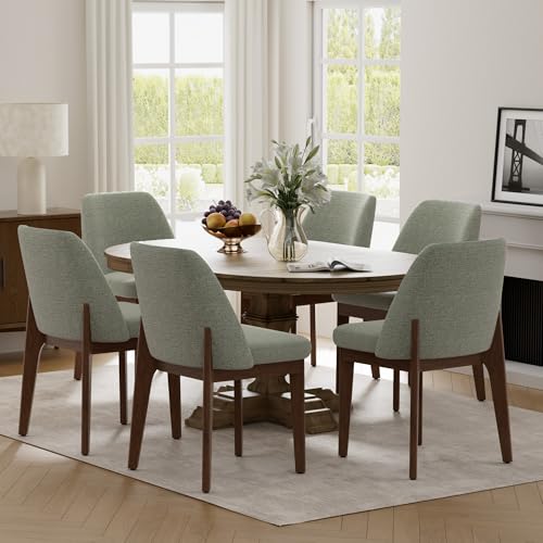 VKNOW Upholstered Wooden Dining Chairs Set of 6 with Modern Fabric, Green | Modern Dining Room Chairs with Wood Legs, Kitchen Chairs for Restaurant, Living Room, No Wobble - color: Green-brown Leg, size: 6 PCS