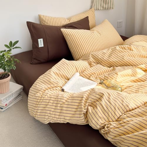Striped Duvet Cover Full Size Yellow Brown Striped Bedding Set 3pcs Retro Vertical Ticking Stripes Soft Lightweight Microfiber Comforter Cover Set with Zipper Closure and 2 Pillowcases - color: Brown Striped, size: Full (1 Duvet Cover + 2 Pillowcases)