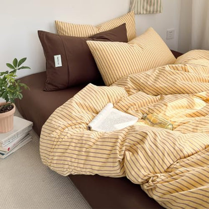 Striped Duvet Cover Queen Yellow Bedding Set with Brown Stripes | Soft Lightweight Microfiber Duvet Cover Set 3 Pieces Striped Quilt Cover with 2 Pillowcases, Zip Closure, No Insert - color: Brown Striped, size: Queen (1 Duvet Cover + 2 Pillowcases)