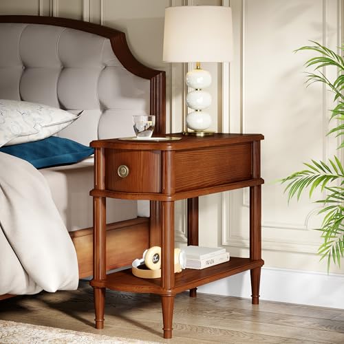 Nightstand with Charging Station & Drawer, Pre-Assembled Vintage Side Table with Shelf, Rustic Wood Finish Narrow End Table with Turned Legs for Bedroom Living Room, Caramel Walnut Brown, 1Pc