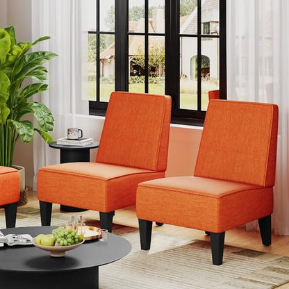 Armless Accent Chairs Set of 2, Orange Linen Slipper Chairs | Upholstered Armless Chair with Solid Wood Legs, Mid Century Modern Side Chairs for Small Living Room Bedroom Apartment - color: Orange
