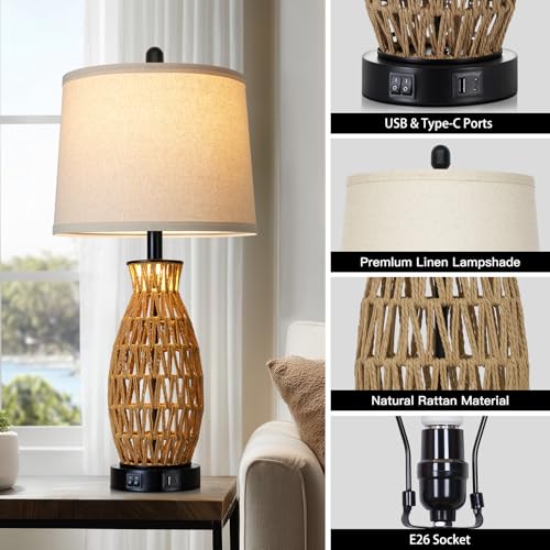 CINSARY 27" Rattan Table Lamps Set of 2 with Night Light, Boho Wicker Bedside Lamp for Bedroom with USB A+C Ports, Coastal Handwoven Woven Nightstand Lamps, Nautical Living Room Lamp for End Table - color: Rattan(2 Pack)