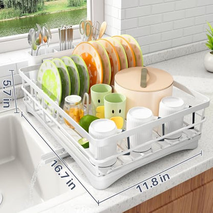 SAYZH Dish Drying Rack for Kitchen Counter with Utensil Holder, White | Stainless Steel, Large Capacity, Angled Drainboard, Rotating Spout, Removable to Clean - color: White