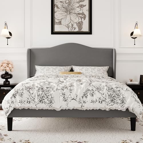 SHA CERLIN Full Size Bed Frame with Curved Wingback Headboard, Soft Grey | Modern Luxury Design Velvet Platform Bed with Sturdy Wooden Slats,Noise-Free, No Box Spring Needed, Easy Assembly - color: Soft Grey, size: Full