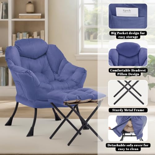 Lazy Chair with Ottoman, Comfy Reading Chair, Dark Blue | Cushioned Seat with Foldable Ottoman and Side Pocket, Lounge Chair for Bedroom, Living Room, Dorm and Small Spaces - color: Darkblue