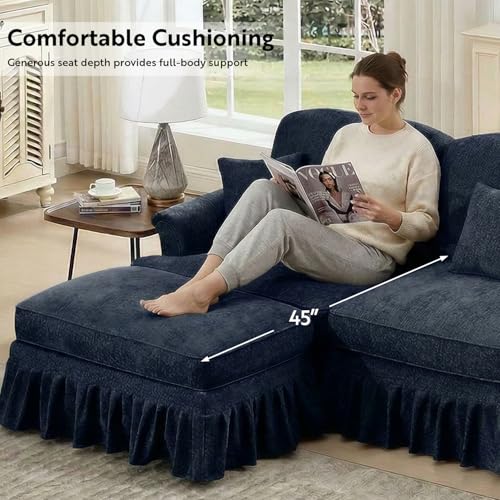 Modular Sectional Sofa Couch, Comfy Chenille Sofa with Removable Ruffled Skirt, Flared Armrests, Sturdy Legs, Convertible Sectional for Living Room, Bedroom, Apartment (Blue) - color: Blue, size: 107.1 Inch U