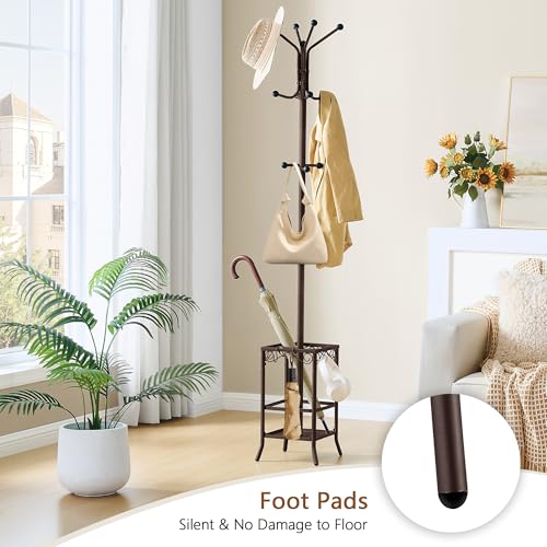 Hoctieon Coat Rack Freestanding, Coat Tree with Umbrella Holder | Metal Coat Rack Stand with 12 Hooks, Standing Coat Hanger Stand, Umbrella Stand for Entryway, Hat Rack Stand for Home Office - color: Brown