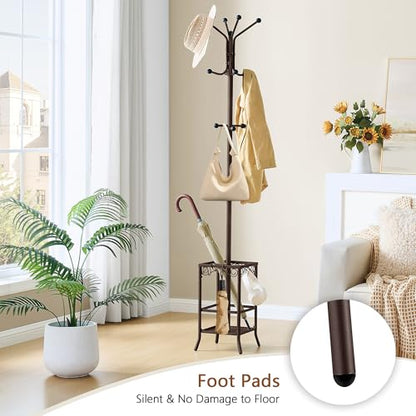 Hoctieon Coat Rack Freestanding, Coat Tree with Umbrella Holder | Metal Coat Rack Stand with 12 Hooks, Standing Coat Hanger Stand, Umbrella Stand for Entryway, Hat Rack Stand for Home Office - color: Brown