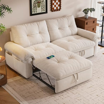 77" Sleeper Sofa Bed, Convertible Pull Out Couch with Velvet Fabric, 3-in-1 Loveseat L Shaped Couch Bed with Adjustable Backrest, Side Pocket & USB Ports for Living Room Apartment, White - color: Beige, style: Sofa Bed w/USB