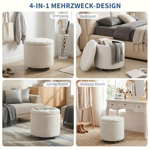 Modern Round Storage Ottoman with Wheels,Button Tufted Ottoman Footstool Ottomans with Removable Lid Storage Footstool for Living Room, Bedroom, Makeup Room, Faux Fur, White - color: White-2