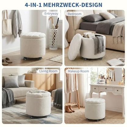 Modern Round Storage Ottoman with Wheels,Button Tufted Ottoman Footstool Ottomans with Removable Lid Storage Footstool for Living Room, Bedroom, Makeup Room, Faux Fur, White - color: White-2