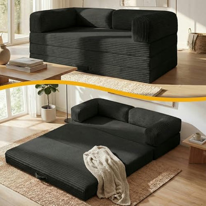 Erament Futon Sofa Bed, Convertible Tri-Folding Mattress Foldable Mattress with Removable Armrests & Washable Cover, Small Couch Bed with High-Density Foam, No-Assembly, Full, Black - color: Black, size: Full