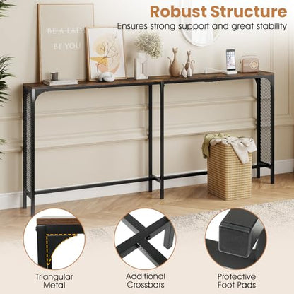 GIANTEX 71" Narrow Console Table with 2 Power Outlets and USB-C Ports | Sofa Table w/ Charging Station & Metal Frame, Skinny Behind Couch Tables, Long Entryway Tables for Living Room, Rustic Brown - color: Rustic Brown + Black
