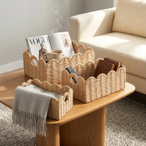 Scalloped Wicker Baskets Set of 3, Hand-Woven Storage with Handles | set of 3 beige scalloped baskets with handles. Hand-woven paper rope for shelves, bathroom or closet. Stackable, sturdy. - color: Beige