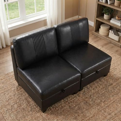 Modern 2 Seaters Modular Sofa with Storage & Sleeper Function, Comfy PU Loveseat Couches for Small Spaces - color: Black