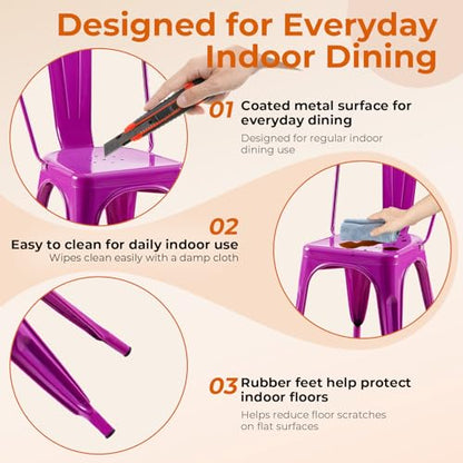 Metal Dining Chairs Set of 4,Enchanting Purple | Stackable Tolix Style Chairs for Kitchen,Restaurant,Bistro,Patio,Cafe&Outdoor,18 Inch Seat Height - color: Enchanting Purple
