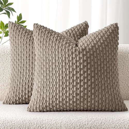 MIULEE Decorative Throw Pillow Covers 16x16 Neutral Brown Textured Corduroy | Pack of 2 Striped Pillow Covers Modern Farmhouse Fall Home Decor for Couch Bed Sofa Living Room - color: Brown, size: 16" x 16" (Pack of 2)
