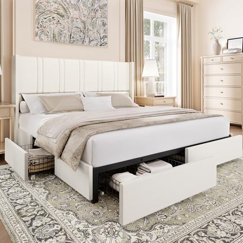 King Size Storage Platform Bed Frame, White | 4 Storage Drawers, Linen Upholstered Wingback Headboard, No Box Spring Needed, Easy Assembly - color: White, size: King