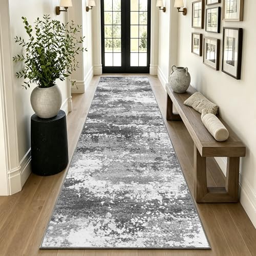 12 FT Extra Long Runner Rug for Hallway Washable | 2.6x12 Large Kitchen Floor Runners Non Slip, Entryway Runner Carpet Low Pile Stain & Fade Resistant, Abstract Gray - color: Grey, size: 2'8" X 12' (Runner)