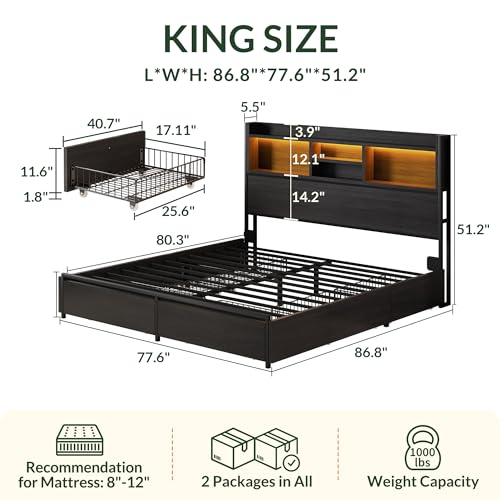 King Size Bed Frame with 6 Storage Drawers and Headboard Wooden Platform Bed Frame with LED Lights and Charging Station Easy Assembly/No Box Spring Needed/Black - color: Black, size: King