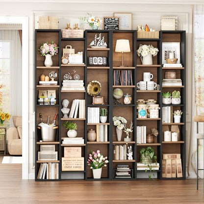 FOTOSOK 71'' H Bookshelf with 21 Cubes, Triple Wide Tall Bookshelf | 8 Tier Bookcase with 8 Adjustable Shelves, Large Bookshelf DVD/CD Media Tower Storage, Freestanding Display Shelf Cabinet - color: Black/Brown