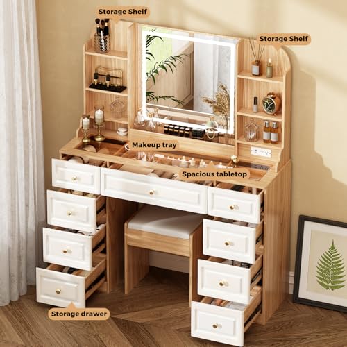 Arulvmrn 43" Makeup Vanity Desk with Mirror and Lights, & Power Outl, Glass Top Big Vanity Table with 9 Drawers& 8 Storage Shelves, Dressing Table Set with Chair for Bedroom, Oak - color: Oak