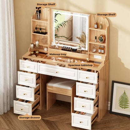 Arulvmrn 43" Makeup Vanity Desk with Mirror and Lights, & Power Outl, Glass Top Big Vanity Table with 9 Drawers& 8 Storage Shelves, Dressing Table Set with Chair for Bedroom, Oak - color: Oak