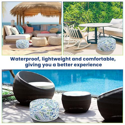 Cinnvoice 2 Pcs Inflatable Indoor Outdoor Ottoman Pouf with Handle D21 x H9 Inch Waterproof Round Pouf Ottoman Portable Footstool for Patio Garden Camping or Home Pool(Paisley) - style: Paisley