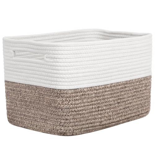 Storage Baskets for Organizing, 14 x 10 x 9” Closet Shelf Woven Baskets, Square Bins with Handles, Cotton Rope Basket for Clothes, Office, Room, White+Dark brown 1 Pack - color: White+Dark brown, size: 1pc