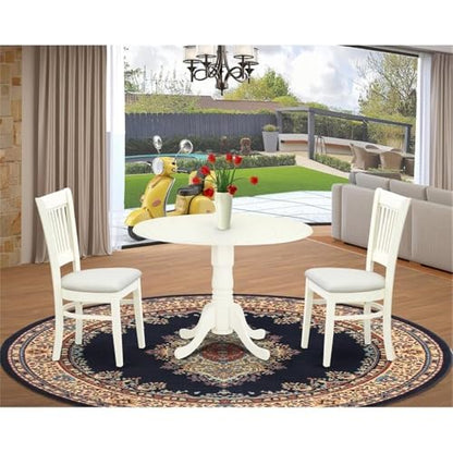 East West Furniture DLVA3-LWH-C 3 Piece Modern Dining Table Set Contains a Round Wooden Table with Dropleaf and 2 Linen Fabric Upholstered Dining Chairs, 42x42 Inch, Linen White - color: Dlva3-lwh-c