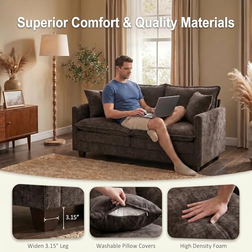 50" Love Seat, Small Cloud Sofa Couch with 2-Layer Cushion & 27" Deep Seat, 2 Pillows for Small Spaces, Bedroom, Apartment, Office, Living Room, in a Box, Brown - color: Brown, size: Loveseat