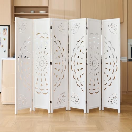 66.9Inch Wooden Room Partition - 6 Panels Boho-Styled Space Room Divider for Home/Office, Headboard & Yoga/Photo/Video Call Backdrop (White) - color: White, size: 6 Panels