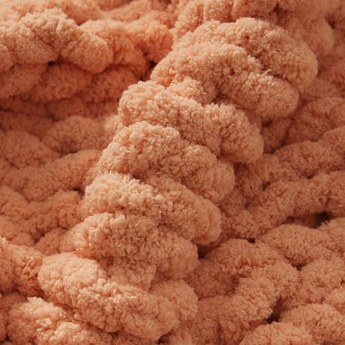 WESHIONGOO Chunky Knit Blanket Throw for Couch Bed 51"×63" Peach Fuzz | 100% Handmade Knitted Throw blanket Fluffy Soft Blanket with Jumbo Chenille Yarn Thick - color: Peach Fuzz, size: 51"x63"(Large Size Throw)