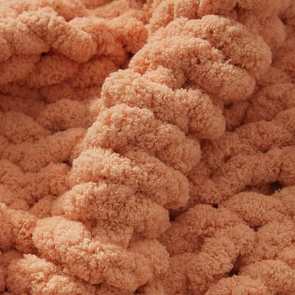 WESHIONGOO Chunky Knit Blanket Throw for Couch Bed 51"×63" Peach Fuzz | 100% Handmade Knitted Throw blanket Fluffy Soft Blanket with Jumbo Chenille Yarn Thick - color: Peach Fuzz, size: 51"x63"(Large Size Throw)