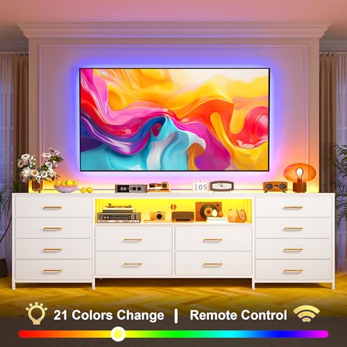 EnHomee 12 Drawers Dresser for Bedroom,TV Stand Fits 55/65/70 inch TVs | Entertainment Center with LED Lights & Power Outlets,Long Fabric Dresser with 2 Wood Shelves for Living Room,White PU Leather - color: White