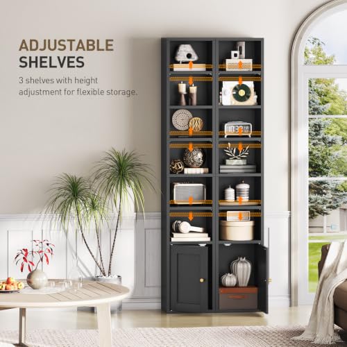 7-Tier Tall Narrow Bookshelf with Door, 11.8 X 9.3 X 70.9 Inches CD DVD Slim Media Tower Rack with Storage Cabinet, Adjustable Shelves, Skinny Bookshelf Display Bookcase for Home Office, Black - color: Black