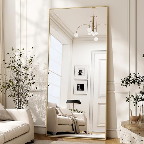 76" x 34" Oversized Full Length Mirror with Stand, Gold | Standing/Leaning/Wall Mounted Large Full Body Floor Mirror for Bedroom, Living Room, Entryway with Aluminum Alloy Frame - color: Gold, size: 76"L x 34"W
