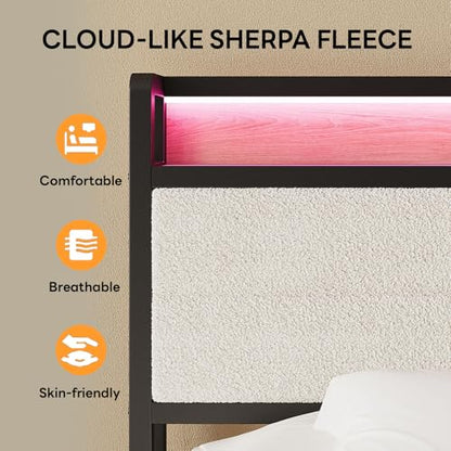 LIKIMIO Queen Bed Frame with Headboard, LED Lights and Charging Station - color: Natural and Cream, size: Queen