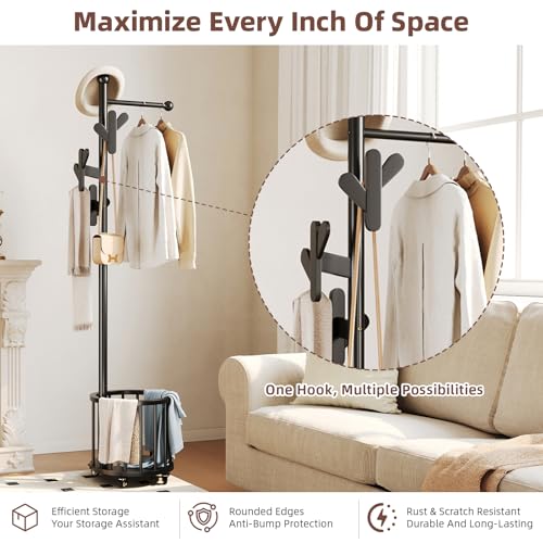 CozyDH Wooden Coat Rack Stand with Umbrella Holder and Wheels, Freestanding Hall Tree Coat Hanger with Multi Hooks, Heavy Duty Coat Tree for Entryway Bedroom Hallway Office，Black - color: Black, size: Round-15.7D×15.7W×72.8H