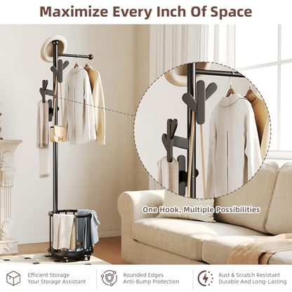 CozyDH Wooden Coat Rack Stand with Umbrella Holder and Wheels, Freestanding Hall Tree Coat Hanger with Multi Hooks, Heavy Duty Coat Tree for Entryway Bedroom Hallway Office，Black - color: Black, size: Round-15.7D×15.7W×72.8H